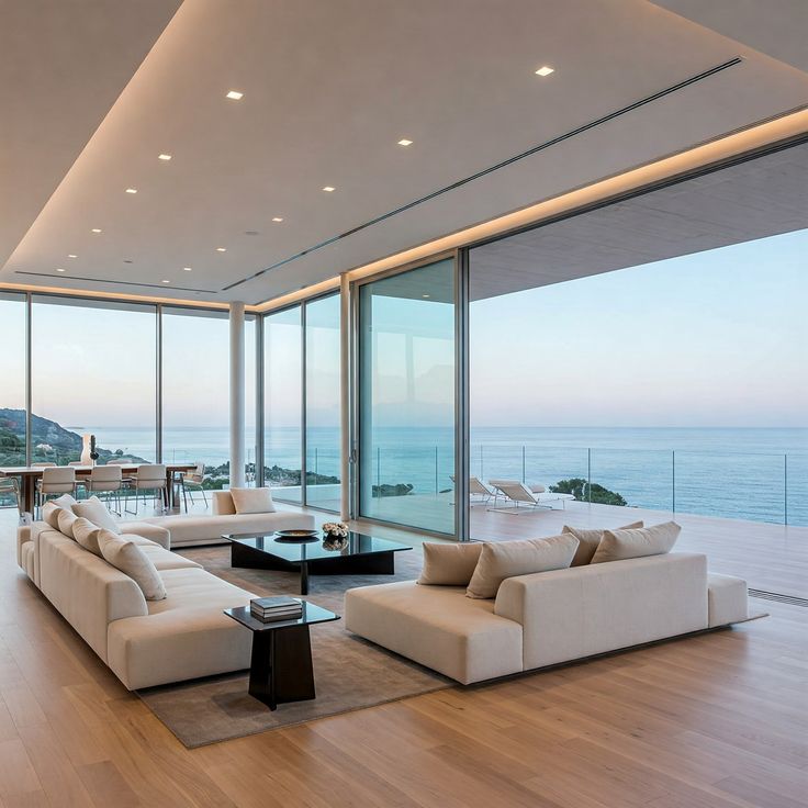 modern open concept living room with panoramic ocean views