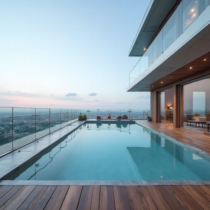 skyline view modern rooftop pool with glass railing and wood decking